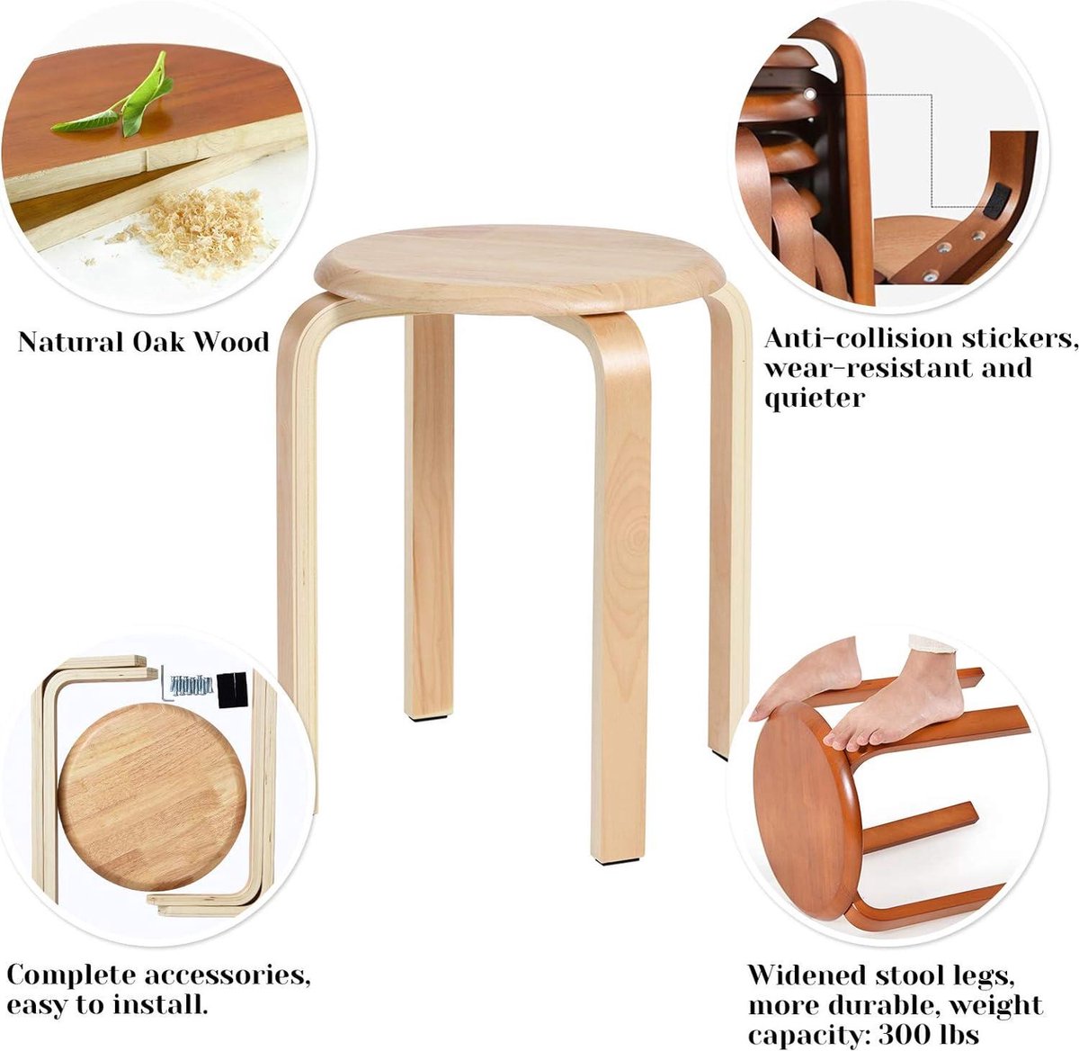 Stapelbare eetkamerstoel/barkruk van massief hout - gladde stoelen voor woonkamer en keuken - natuurlijk hout - 40x33x44cm RF-752 pop up stool