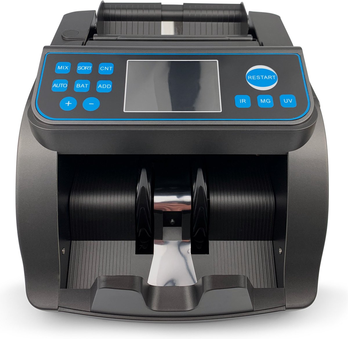 Geldtelmachine - Bankbiljettentelmachine - Waardetelling gemengde bankbiljetten - 1000 bankbiljetten/minuut - 5-voudige valsengelddetectie - Optel- & batchfunctie - Draaggreep - Alarm - Geldteller - Geldtelmachine