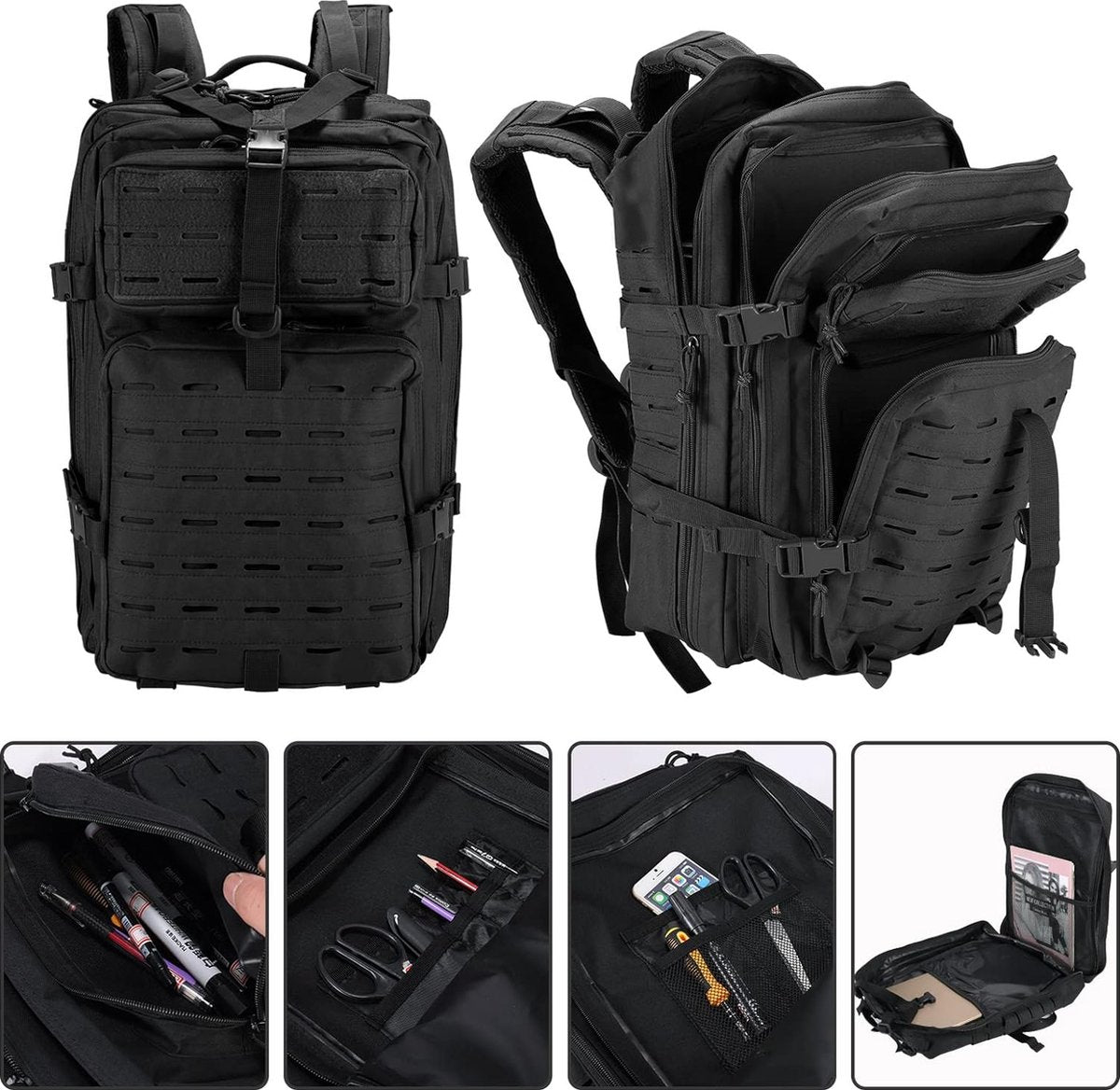 Military Tactical Backpack, 45 Liter, Large Capacity, Army Assault Pack, Waterproof Rucksack for Hiking, Hunting, Trekking and Camping and other Outdoor Activities, Camoblack, Black 45L