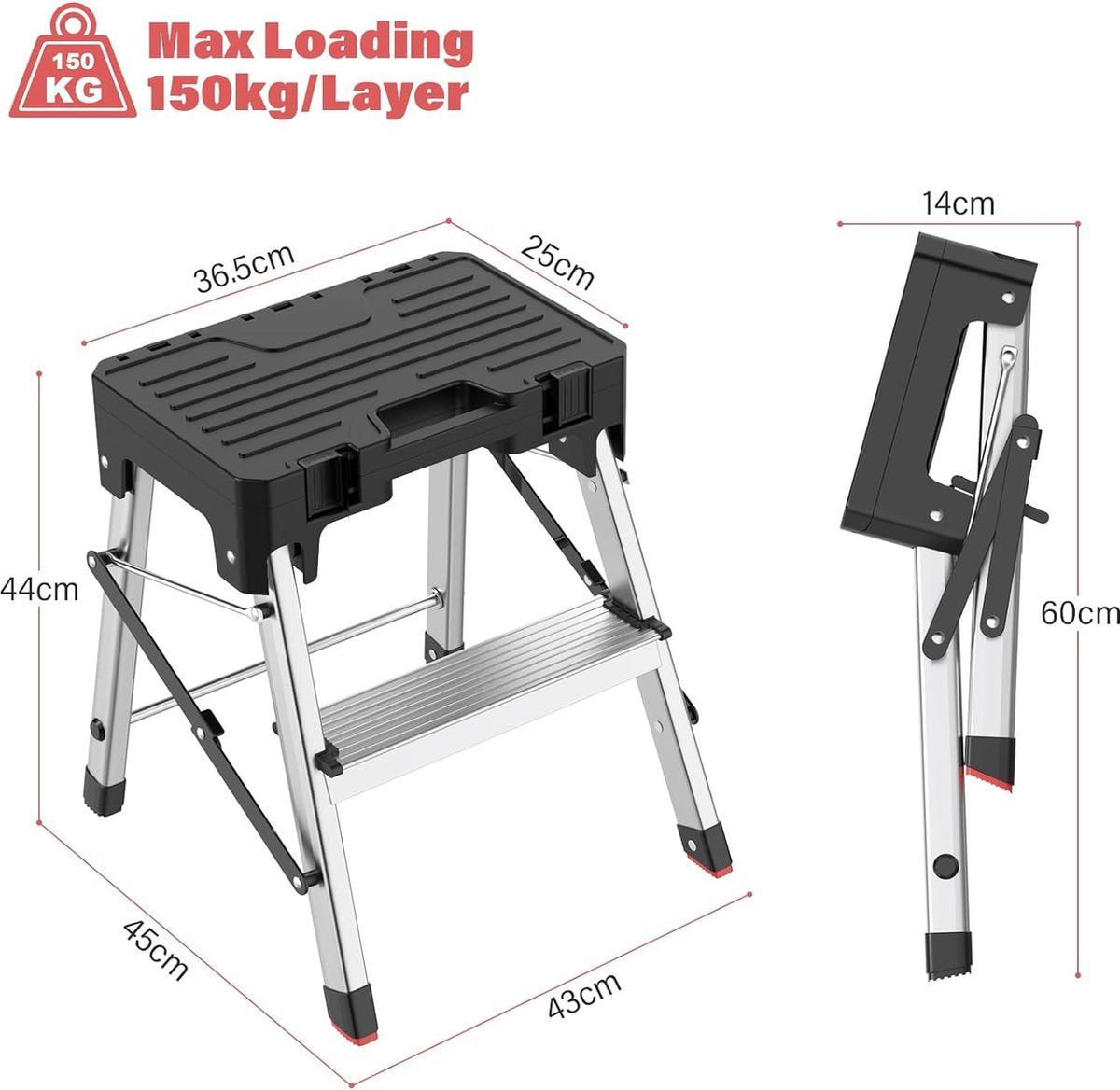 Folding Ladder, Aluminum Step Ladder, 2-in-1 Step Stool with Tool Storage, Portable Folding Stool, Household Ladder, Holds up to 150 kg, 2 Steps