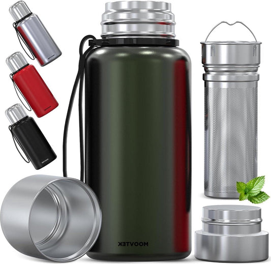 Tea thermos with tea strainer and double-walled mug - 304 stainless steel - 600 ml - thermos flask with filter - tea coffee water - green