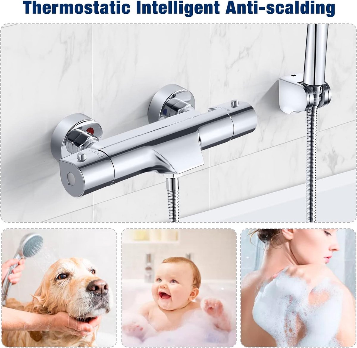 Waterval Badkraan met Thermostaat 2 Functies Douchekraan voor Douche en Bad, Chroom Mengkraan Douchethermostaat met 38°C Veiligheidsknop, Badkraan 20-50℃