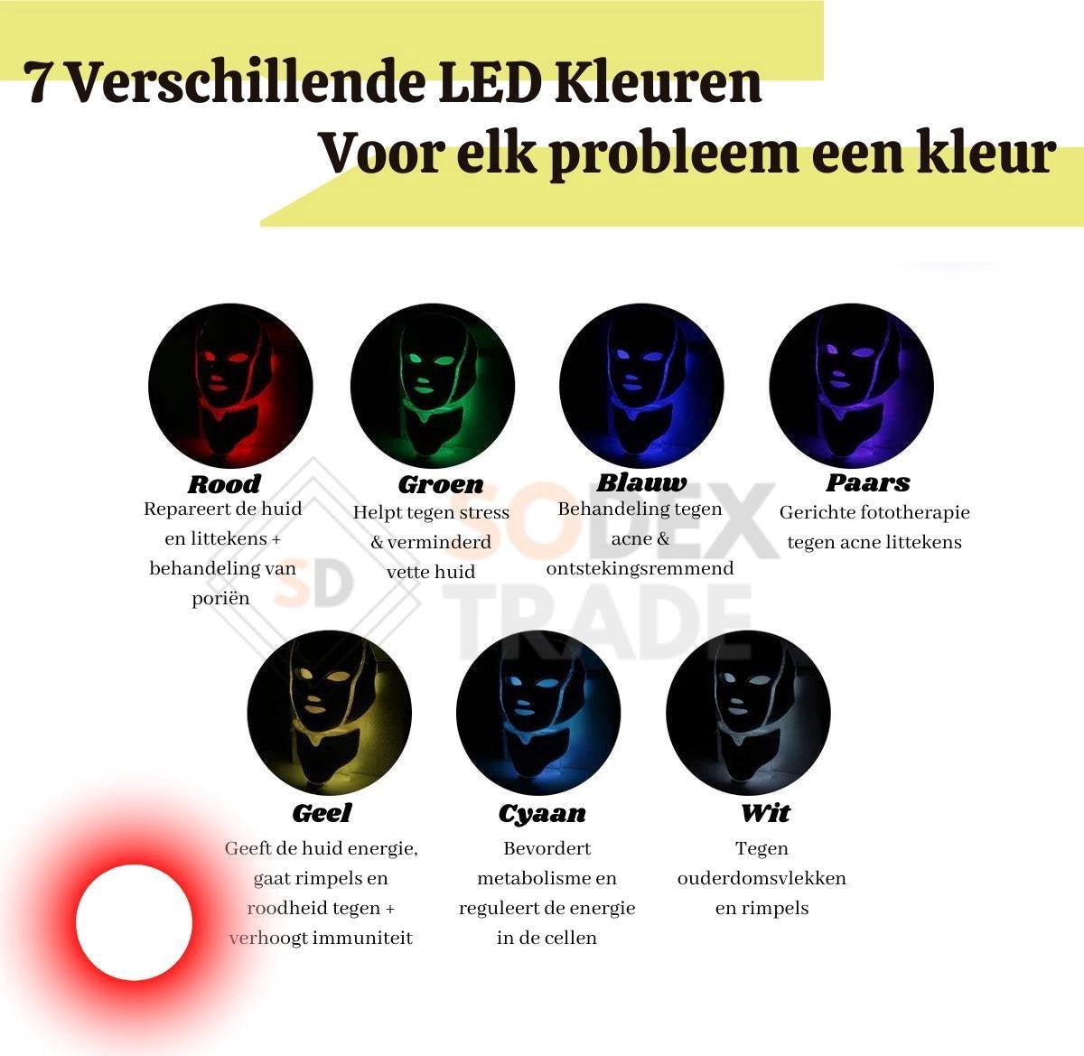 VENEUX® Led masker – lichttherapie – gezichtsmasker led – acneverzorging – anti-aging apparaat – huidverzorging - 7 kleuren – FDA - CE – 2020