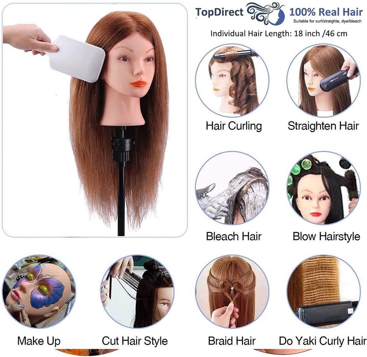 Mannequin Head for Hairdressers with Real Hair Including Clamps approx. 46 cm - TopDirect - Hairdressing Training Head