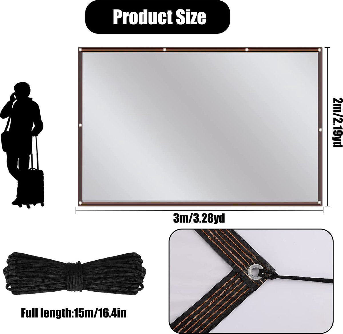 Tarpaulin, protective cover, waterproof transparent tarpaulin with eyelets and rope, washable, multifunctional tarpaulin, black waterproof rope, for covering garden furniture, 2 m x 3 m