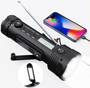 Zaklamp met zwengel, campinglamp, zwengelradio, met 3000 mAh oplaadbare accu, noodradio, led-campinglamp, FM-dynamo, zonnetalarm, voor outdoor, wandelen