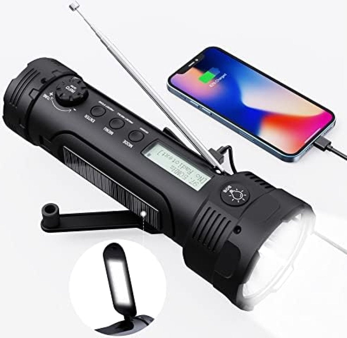 Dynamo-zaklamp, campinglamp, zwengelradio, met 3000 mAh oplaadbare batterij, noodradio, led-campinglamp, FM-dynamo, zonnetalarm, voor outdoor, wandelen