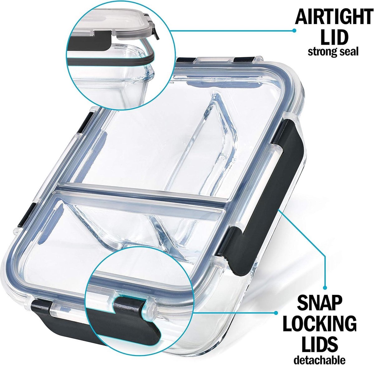 Glass Meal Prep Containers - 3 Compartments - Airtight Snap Lids - BPA Free - Microwave Freezer Dishwasher Safe - Portion Control - Food Storage Container - Set of 3 Meal Prep Containers