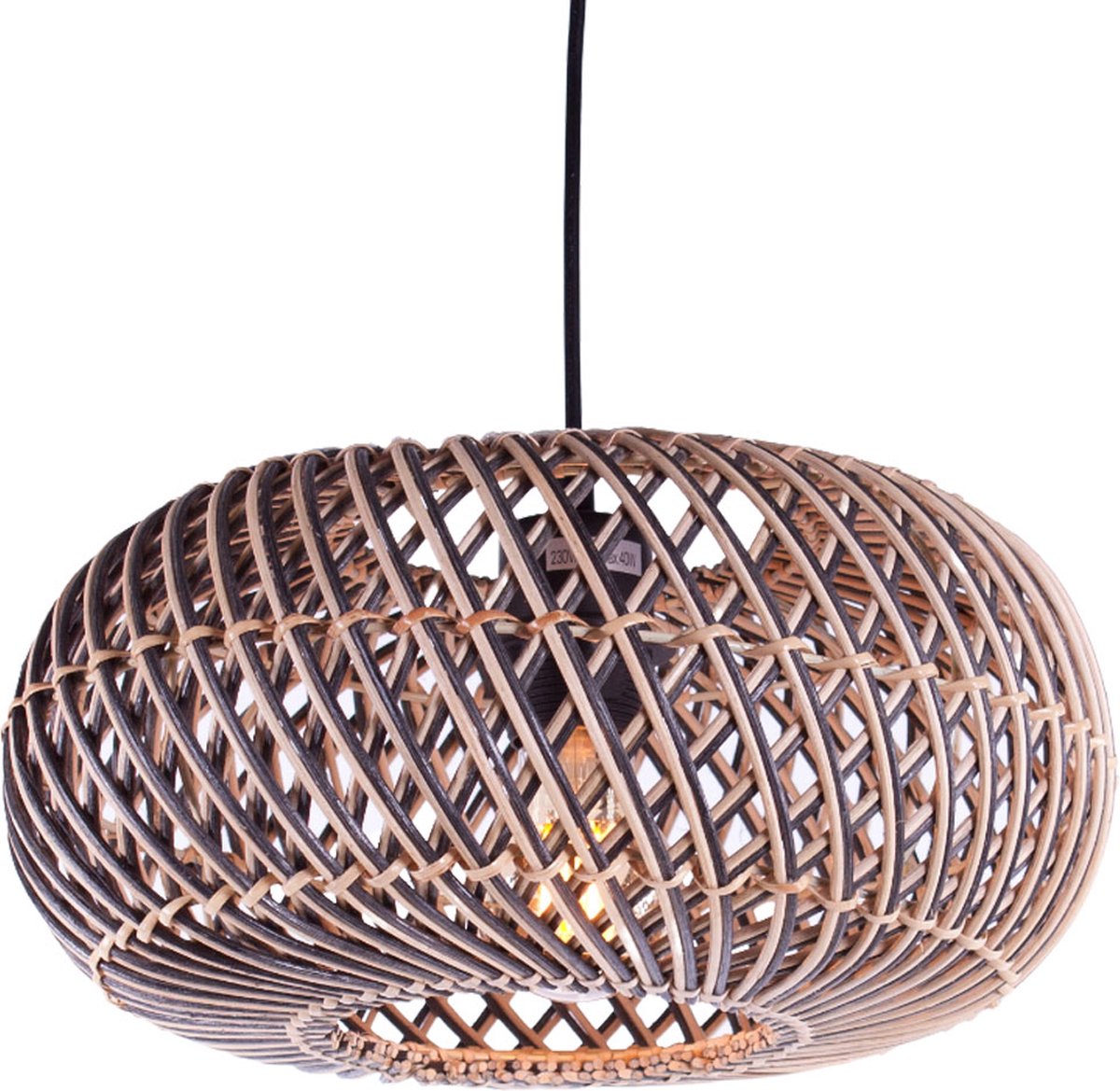 Rattan hanglamp Stripes | 1 lichts | zwart / naturel | rattan / metaal | Ø 40 cm | in hoogte verstelbaar tot 140 cm | eetkamer / eettafel / woonkamer lamp | modern / landelijk design