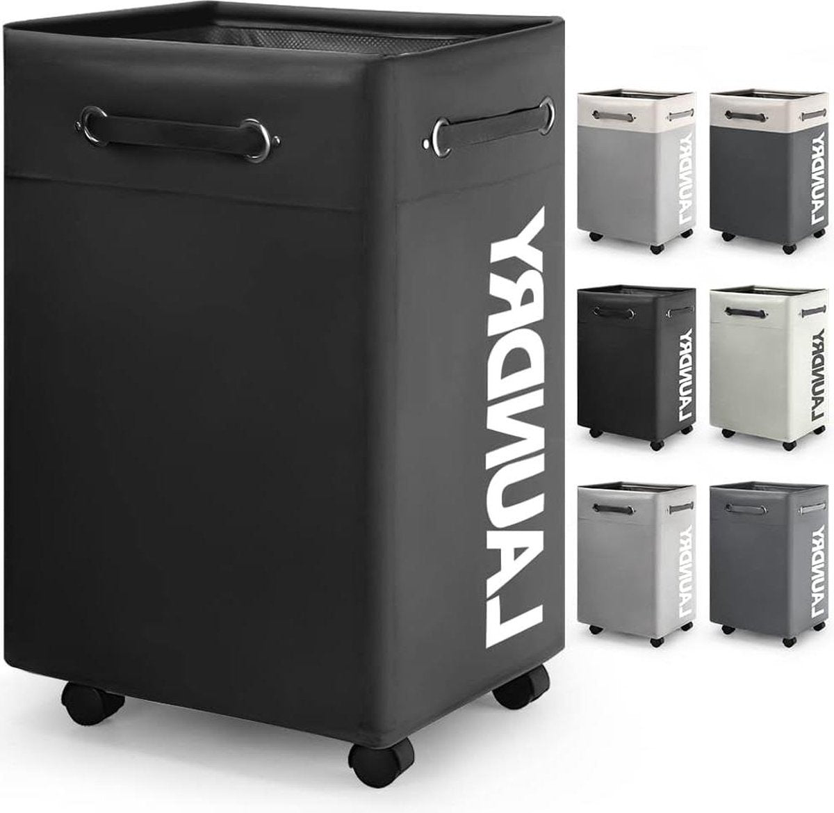 Large Foldable Laundry Basket - 74L Foldable Thin Laundry Basket - Wheels and Handle - Practical Storage Box - Black o2 Laundry Basket
