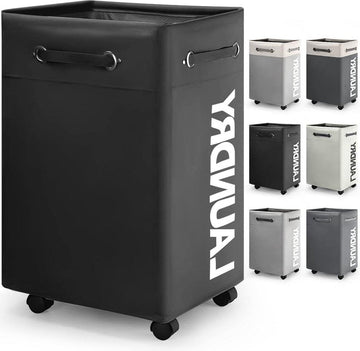 Grote Inklapbare Wasmand - 74L Opvouwbare Dunne Wasmand - Wielen en Handvat - Praktische Opbergbox - Zwart o2 Wasmand