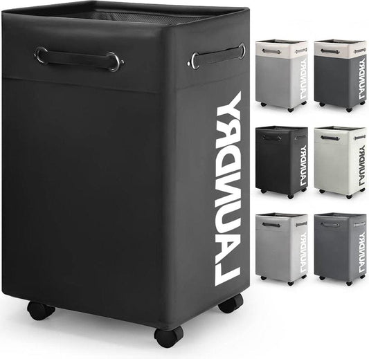 Large Foldable Laundry Basket - 74L Foldable Thin Laundry Basket - Wheels and Handle - Practical Storage Box - Black o2 Laundry Basket
