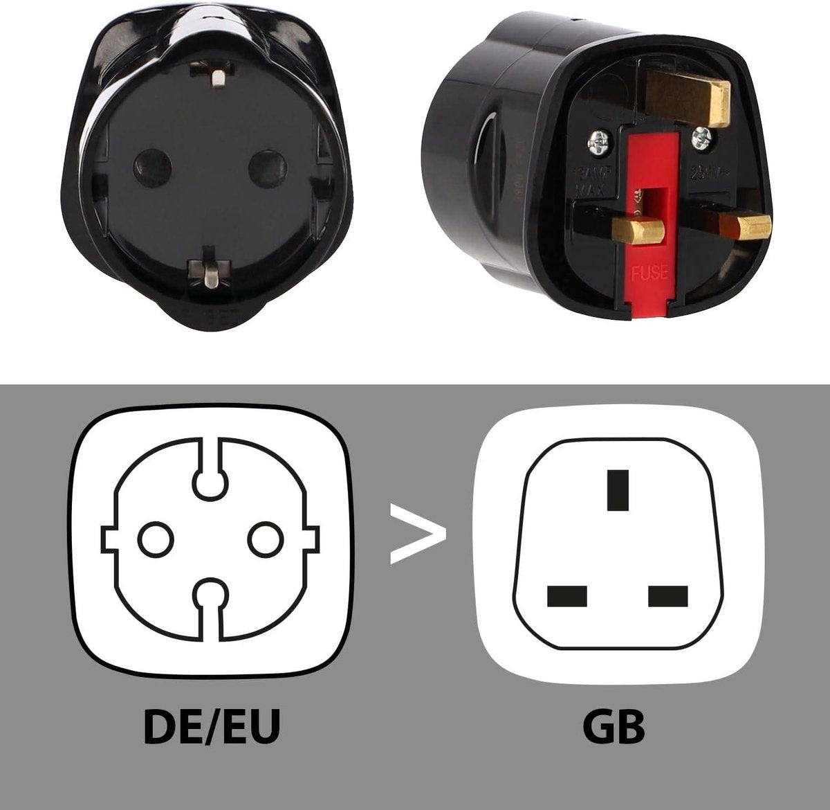 Reisstekker adapter VK 3-polig Engeland - 2 stuks - EU Schuko - type G - zwart