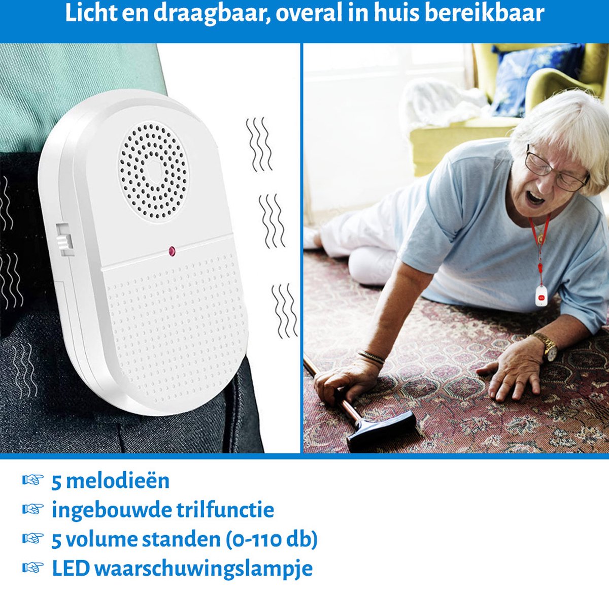 Alarmknop - SOS knop voor Senioren - Draagbaar Model - Senioren Alarm - Personenalarmering - Paniekknop - Persoonlijke Alarmen - Alarmknop Voor Ouderen en Hulpbehoevenden - Noodknop - Noodoproepknop