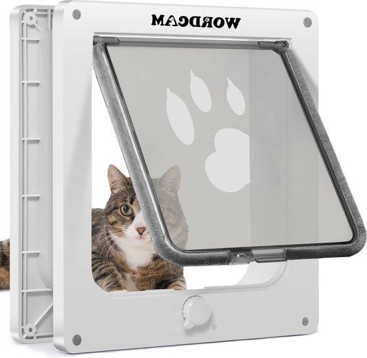 Cat Flap - Large Cat Door Flap - Thick Cat Door for Interior and Exterior Doors - 4-Way Locking - Indoor Pets - Up to 20 lbs - Easy Installation - Weatherproof (White)