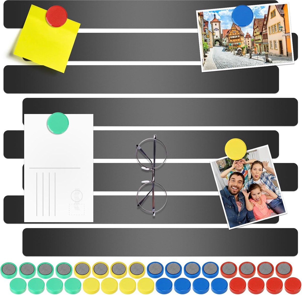 Black 30 x 3 cm, 8 pieces magnetic board, memo board, self-adhesive magnetic strips with 32 pieces round whiteboard magnets, strong for office, notice board, magnetic board, photo wall, documents and refrigerator