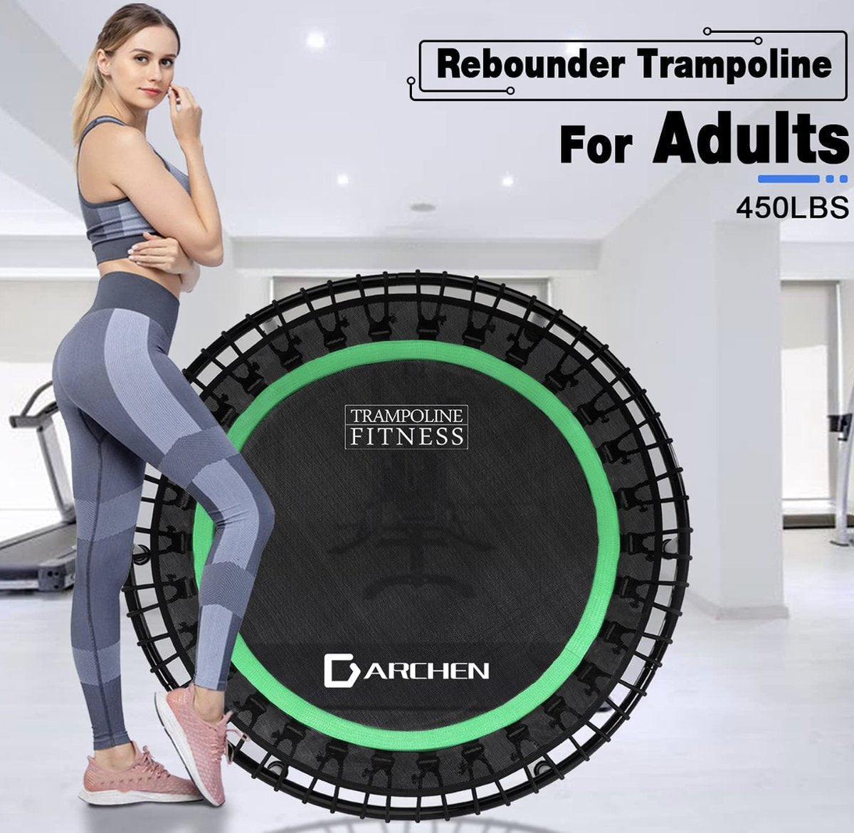 200 kg Rebounder trampoline incl. handrail voor volwassenen - Indoor workout fitness mini-trampoline - Stille en veilige trampoline voor binnen - Minitrampoline [100 cm] - Groen