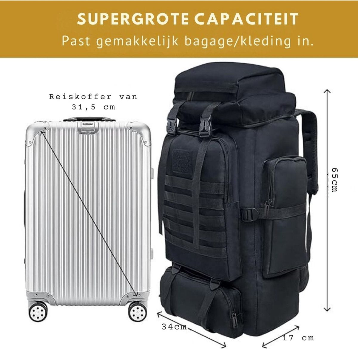 Trekrugzak - Backpack Lichtgewicht - Outdoor – Waterdichte Wandelrugzak - Trekking Rugzak 80 Liter – Trekkersrugzak - Backpacks Voor Kamperen, Klimmen, Skiën en Fietsen – Zwart