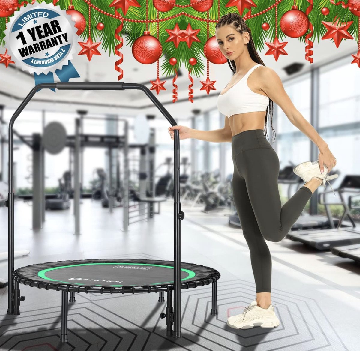 200 kg Rebounder trampoline incl. handrail voor volwassenen - Indoor workout fitness mini-trampoline - Stille en veilige trampoline voor binnen - Minitrampoline [100 cm] - Groen