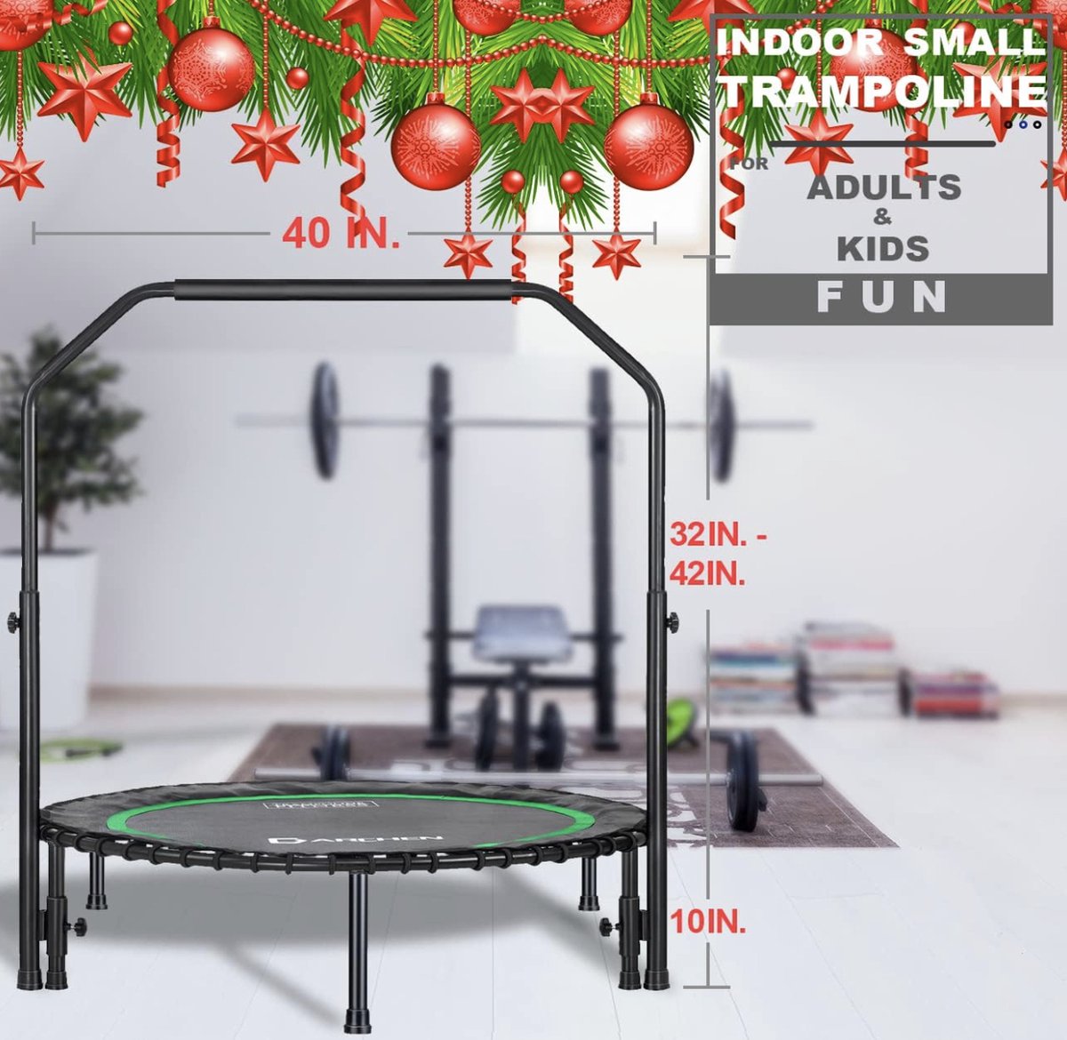 200 kg Rebounder trampoline incl. handrail voor volwassenen - Indoor workout fitness mini-trampoline - Stille en veilige trampoline voor binnen - Minitrampoline [100 cm] - Groen