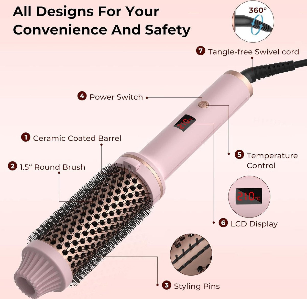Föhnborstel 38mm Thermal Brush - Warme luchtborstel haarstyling krultang volume haarkam - Ronde borstel dubbele spanning stylingborstels voor op reis - Cadeaus voor vrouwen - Hot brush LCD-display - 120-210 °C
