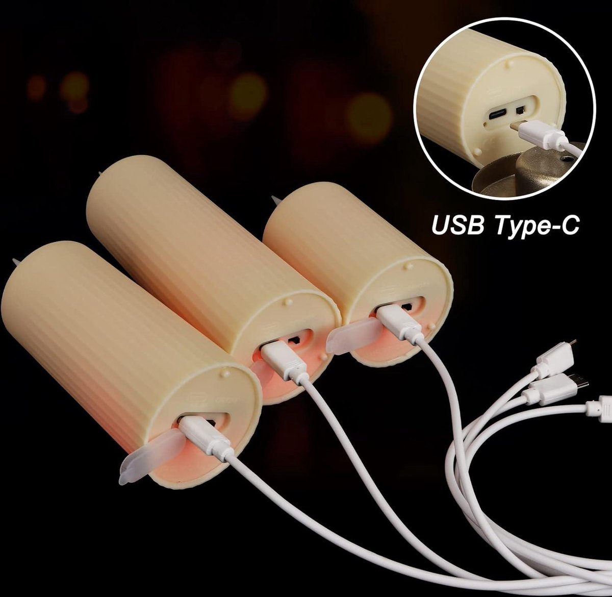 LED Candles with Moving Flame - Waterproof Rechargeable Candles - Timer Remote Control - Warm White Dimmable - Electric Flameless Pillar Candles - USB-Type-C Cable - Outdoor Use - Set of 3