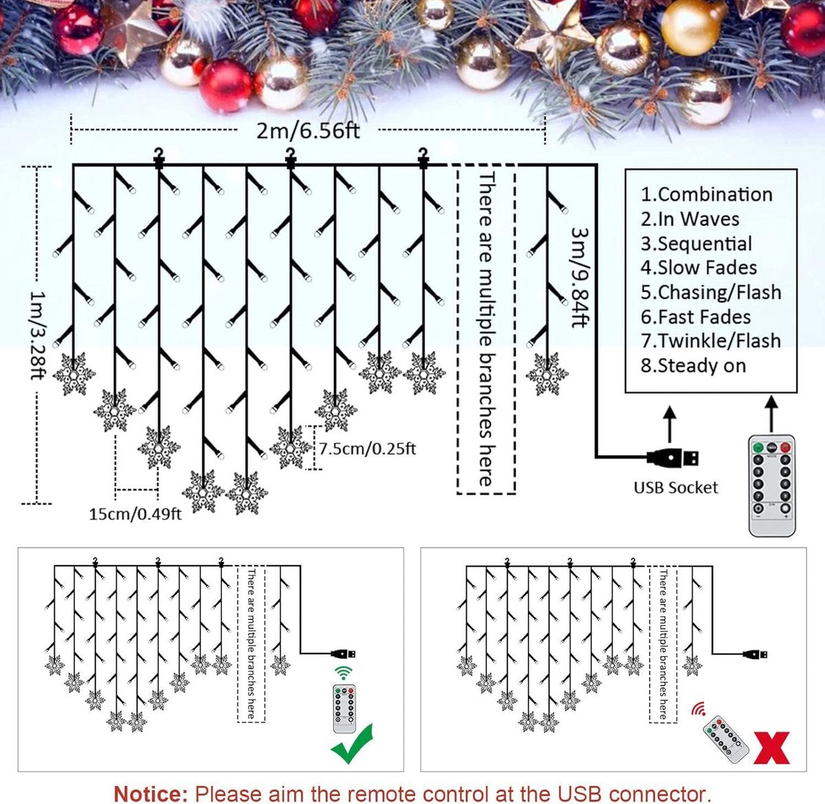Christmas Lights Window 2 meter x 1 meter - 104 LEDs - Snowflake Light Curtain - Fairy Lights for Indoors - Parties or Bedroom