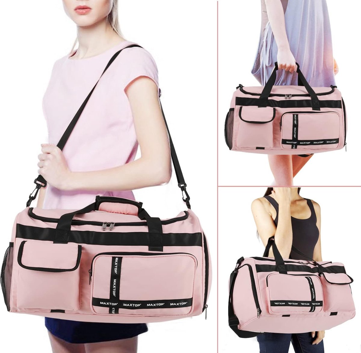 Pink Travel Bag for Women with Shoe Compartment, Large Capacity, and Wet/Dry Separation