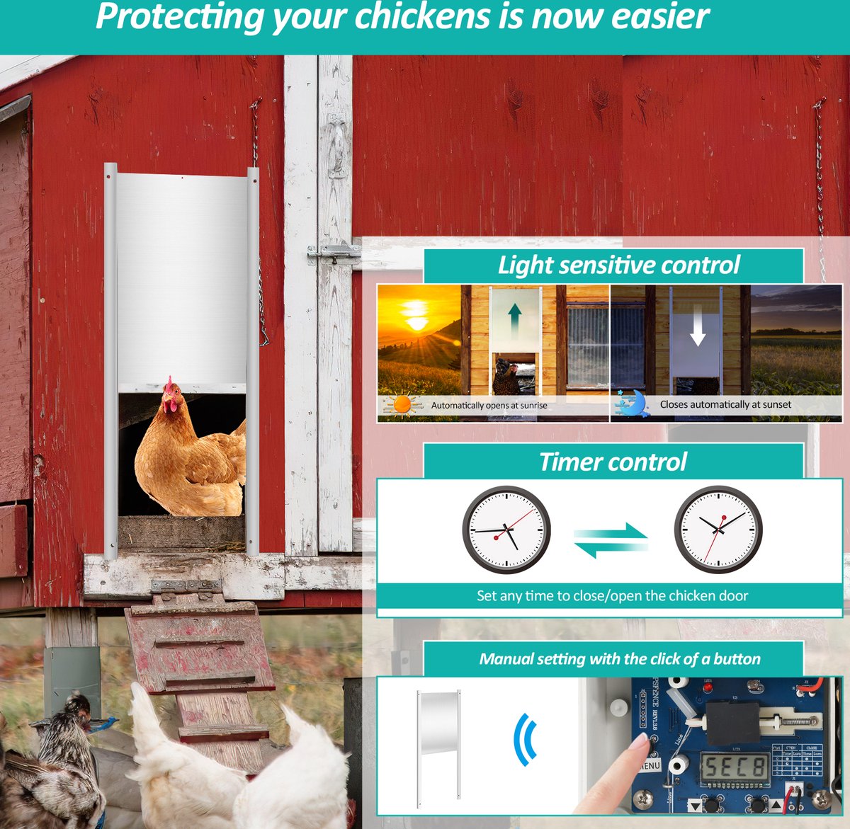 Automatic Chicken Coop Door - Coop Opener - Chicken Door - Chicken Coop Door with Controller - Chicken Door with Timer and Light Sensor - Aluminum - 22 x 32 cm