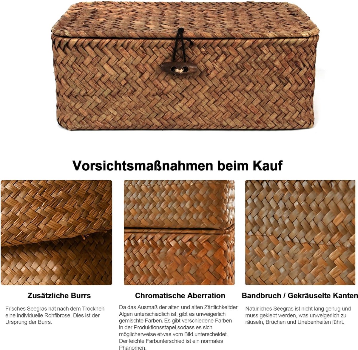 Rattan storage basket with lid, 3 pieces, natural seagrass, woven baskets, multifunctional storage box for toys, cosmetics, bathroom, toilet paper