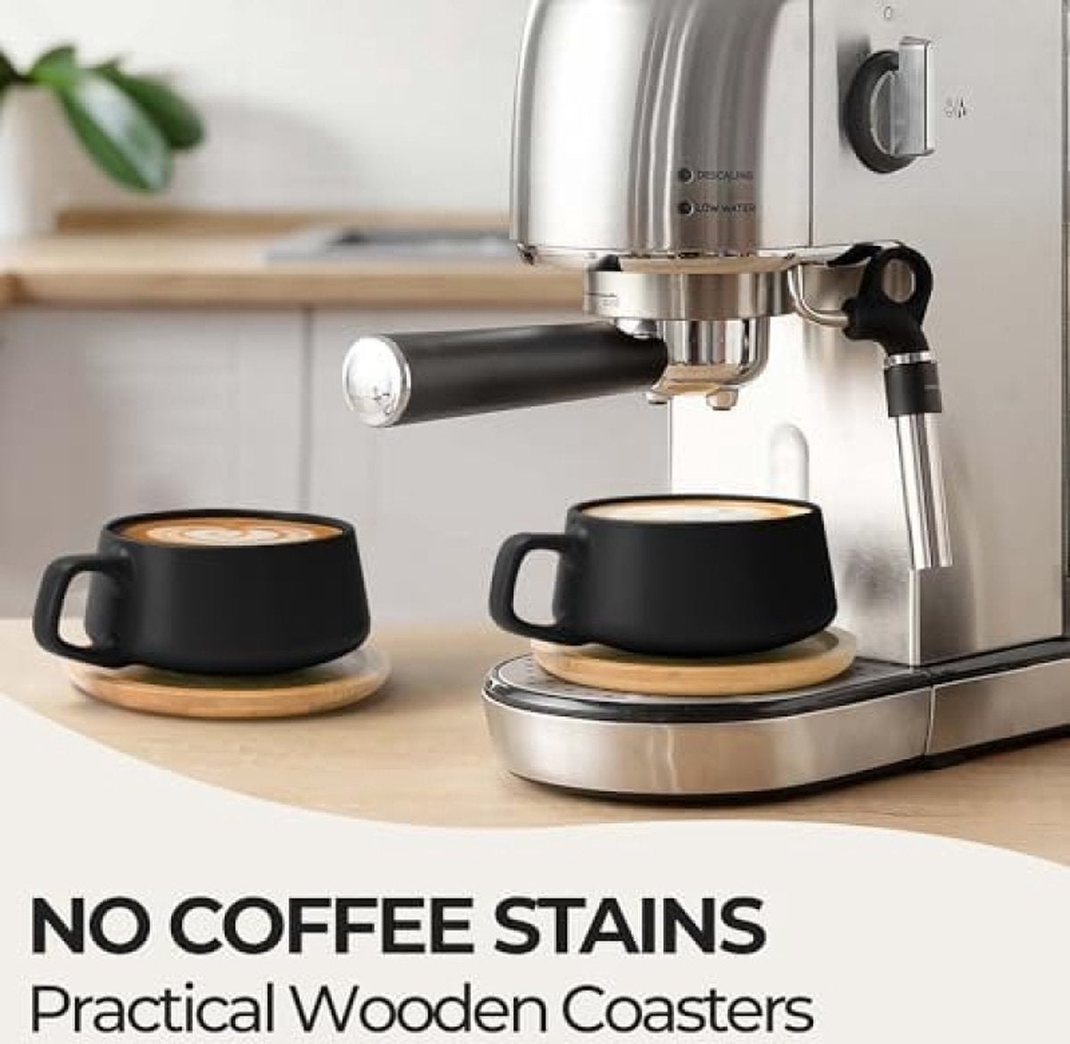Set van 4 keramische theekopjes en schotels, 320 ml, bamboe/theemok, brede cappuccinokopjes, koffiekopjes, keramische mok voor cappuccino, latte, espresso en Americano - luxe collectie (zwart)