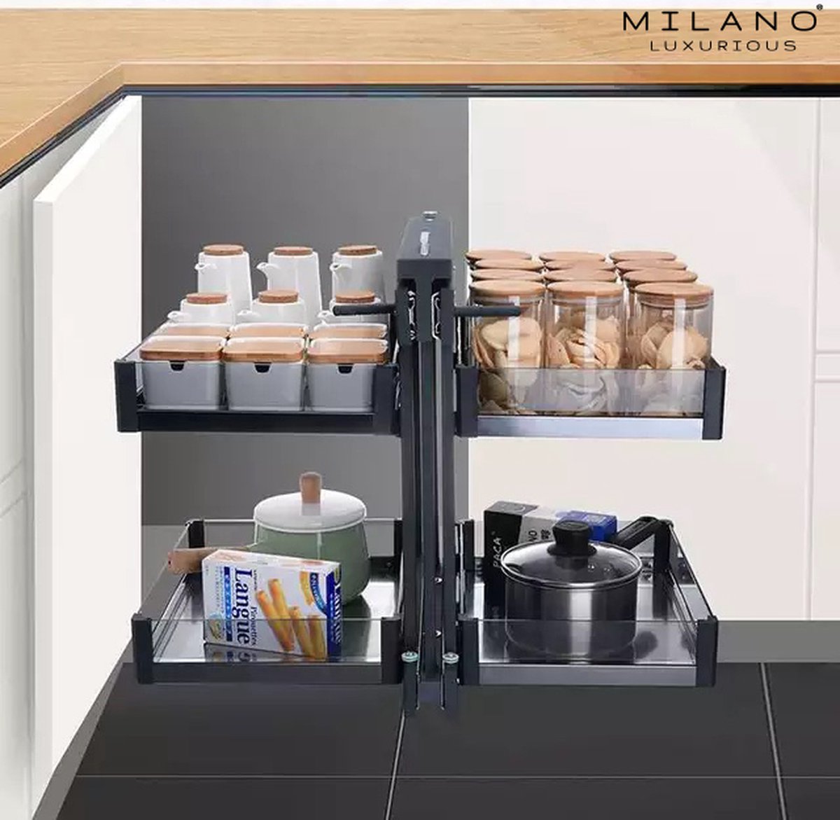 Milano Luxurious® Magic Corner - Hoek Keukenkast Organizer - Uitschuiflades - 4 plateaus, 2 niveaus - 48 x 87 x 58 cm - deurbreedte 40 cm – antraciet