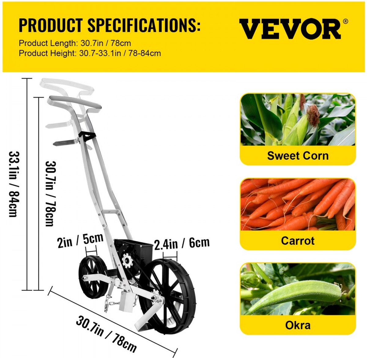 Garden Push Seeder 78-84cm High Garden Push Seeder Aluminum and ABS Row Crop Planter with Six Interchangeable Seed Plates and Row Marker for Sowing Various Crops and Vegetables