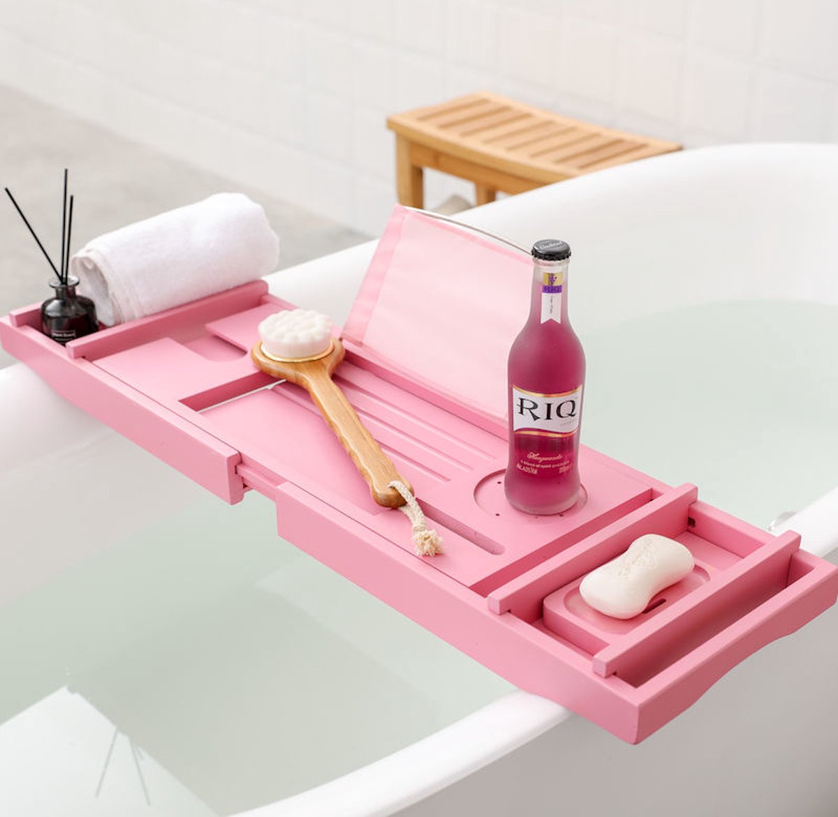 Decopatent® Badplank - Uitschuifbaar 75 -> 110 Cm - Verstelbaar Bamboe Badrekje voor in bad - Boekenhouder - Tablethouder - Roze