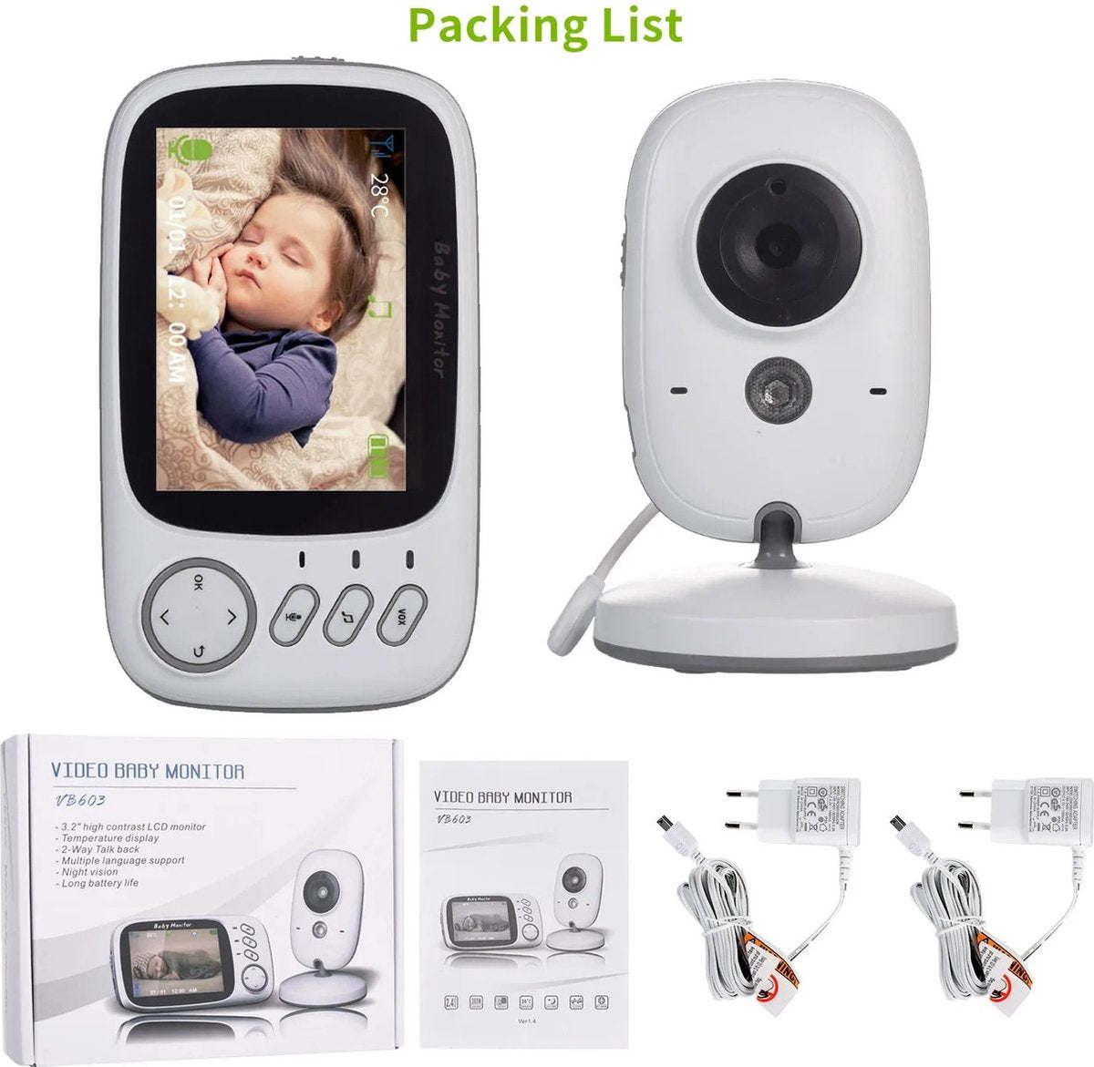 Babyfoon met Camera - 3.2 Inch Groot LCD scherm - 2-weg audio-functie - Video Babyphone met Kleurenmonitor- Premium Baby Monitor - Sterk Zendbereik - Temperatuurweergave - Wit