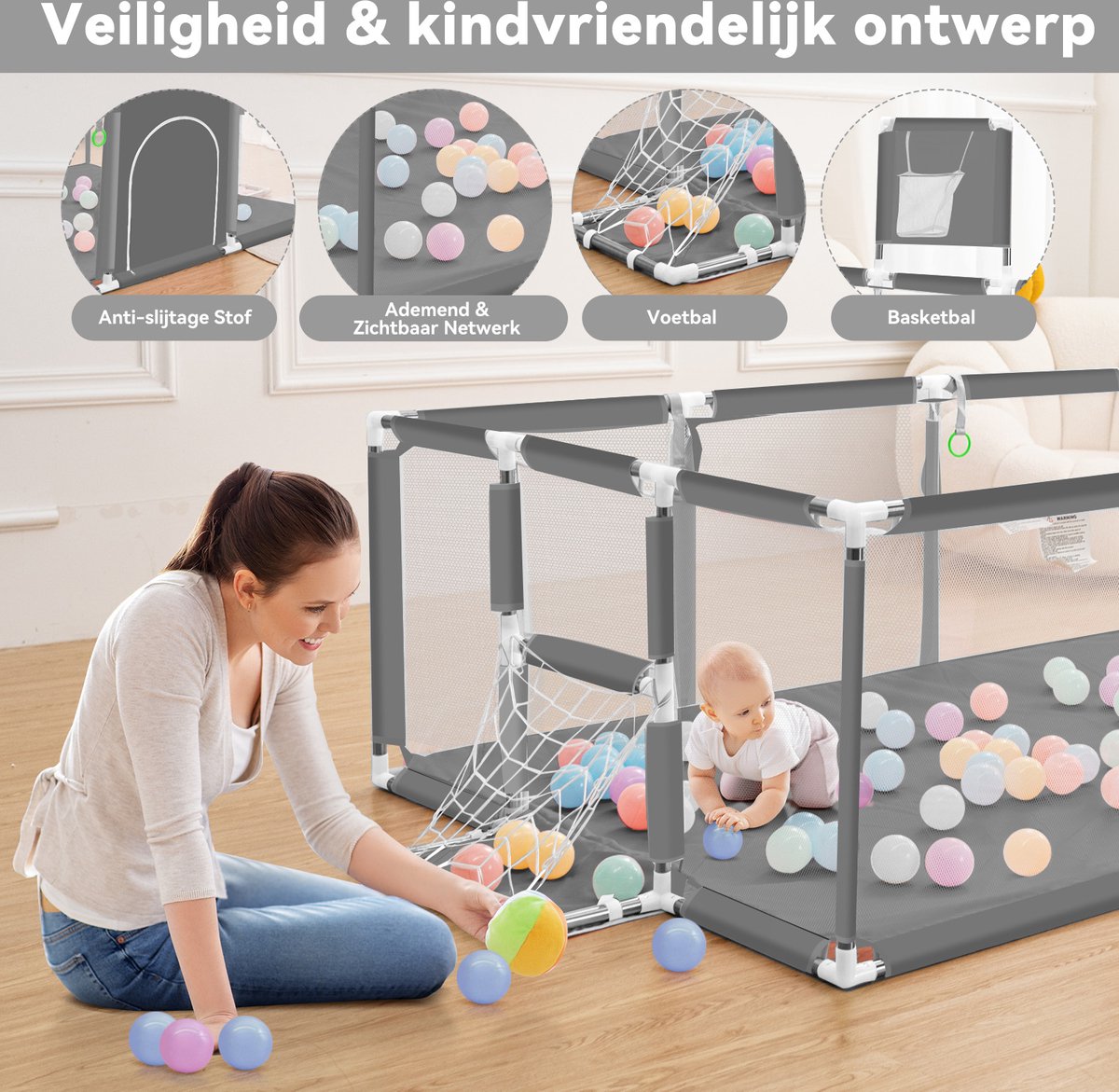 Grondbox - Baby Speelbox - 181x122cm Rechthoekig Groot Formaat Met Basketbalkorf - Grijs