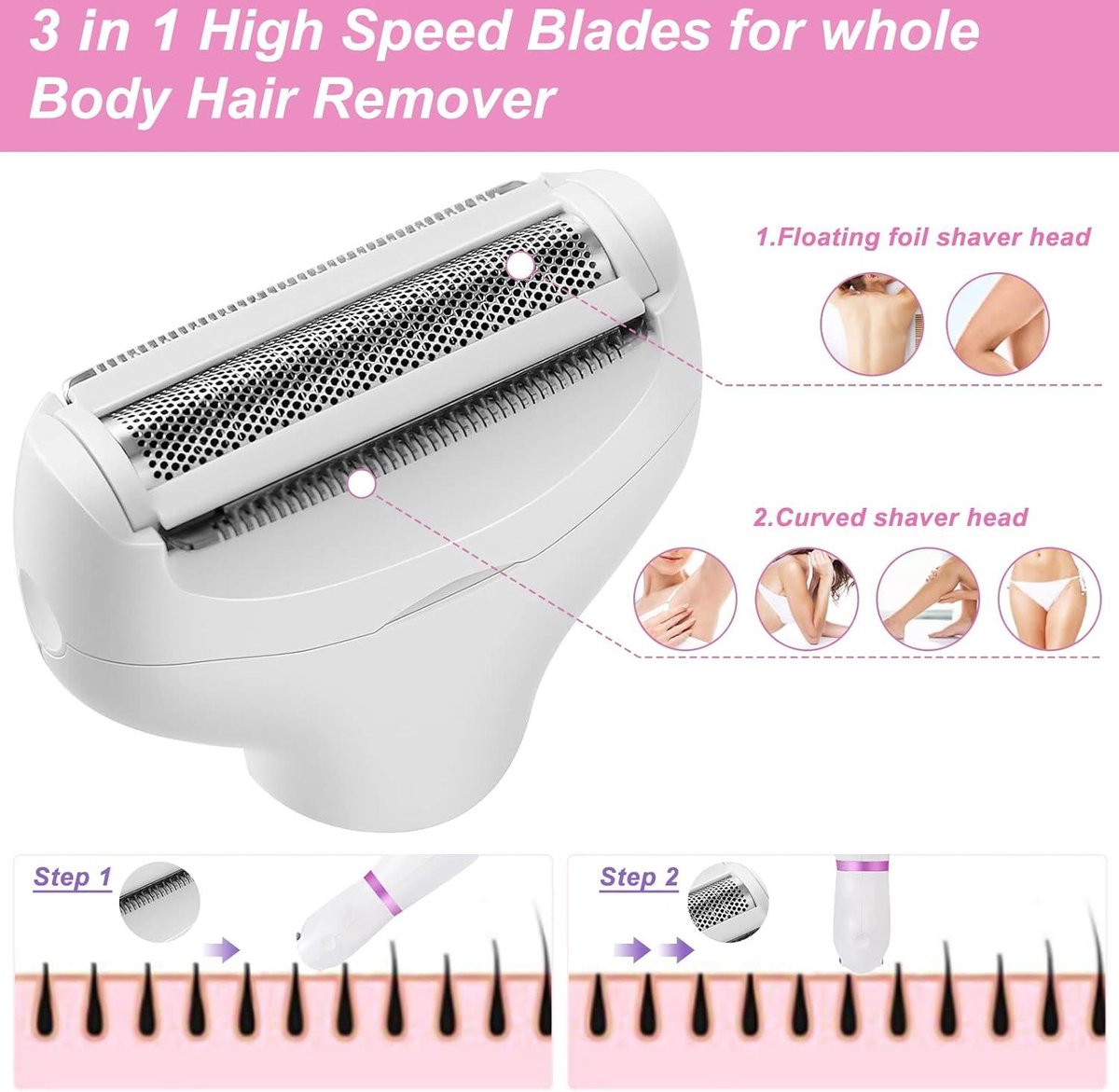 Electric Ladyshave Cordless 4in1 Shaver for Women - Painless Shaving - Bikini Trimmer - Wet and Dry Hair Removal - Face Legs Armpit Eyebrow Shaver for Women