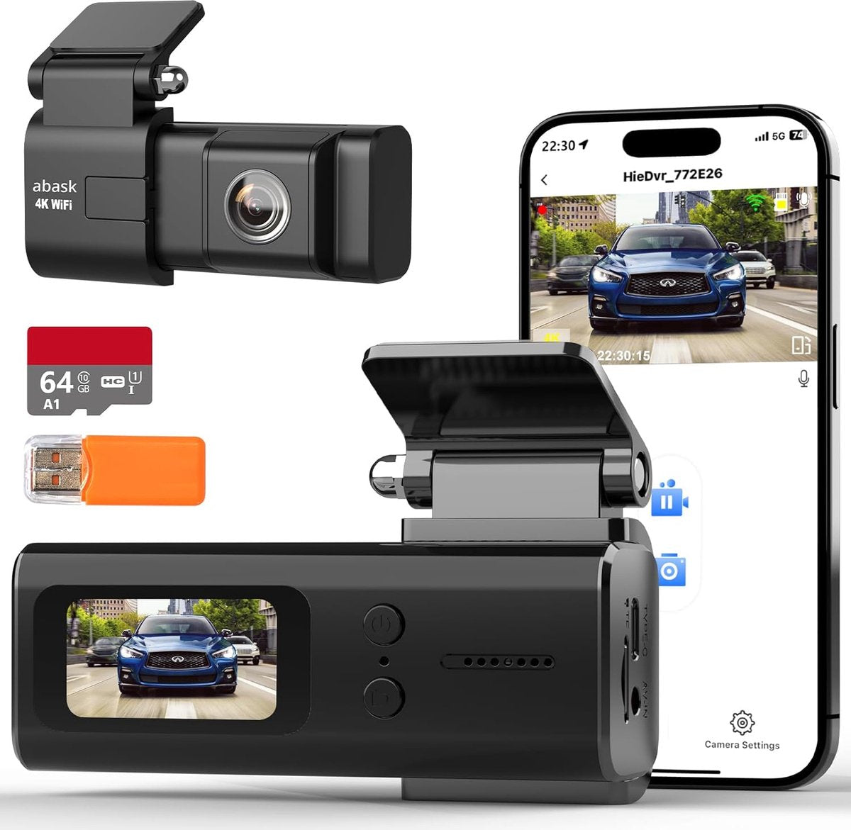 Dashcam - 2160p, 1080p - 4K wifi met app bediening - 170° groothoeklens - Nachtzicht - Inclusief 64 GB SD-kaart - G-sensor - Zwart -
