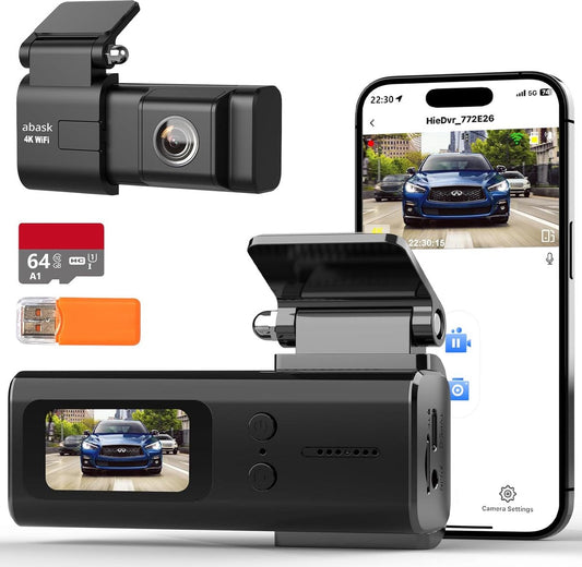 Dashcam - 2160p, 1080p - 4K wifi met app bediening - 170° groothoeklens - Nachtzicht - Inclusief 64 GB SD-kaart - G-sensor - Zwart -