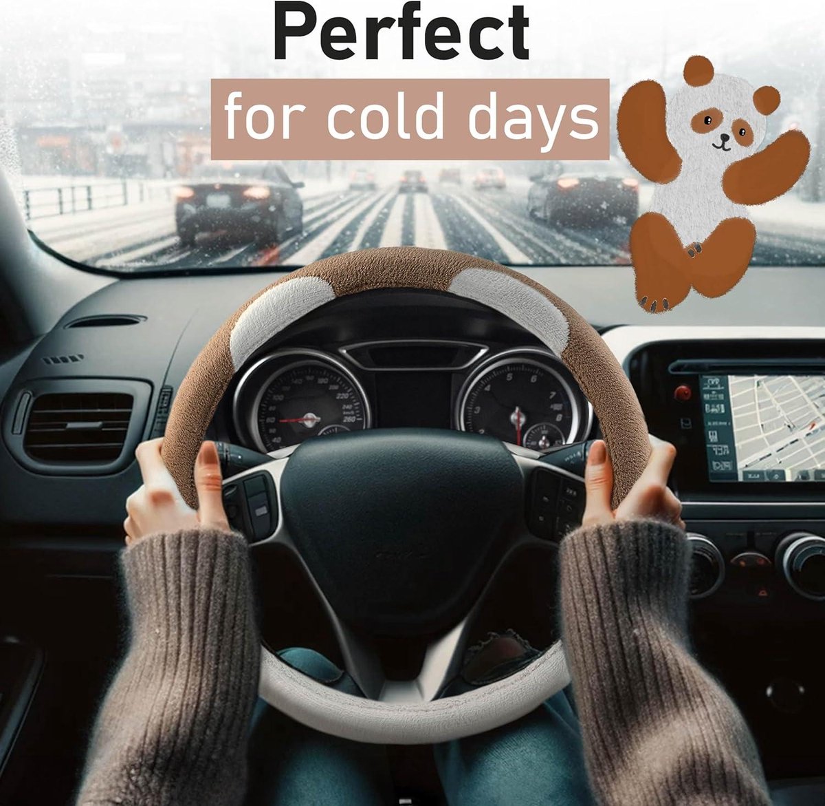 Steering Wheel Cover Plush Brown White - Teddy Interior Accessories for Women - Universal 37-39 cm / 145-15 Inch Steering Wheel Cover Leopard