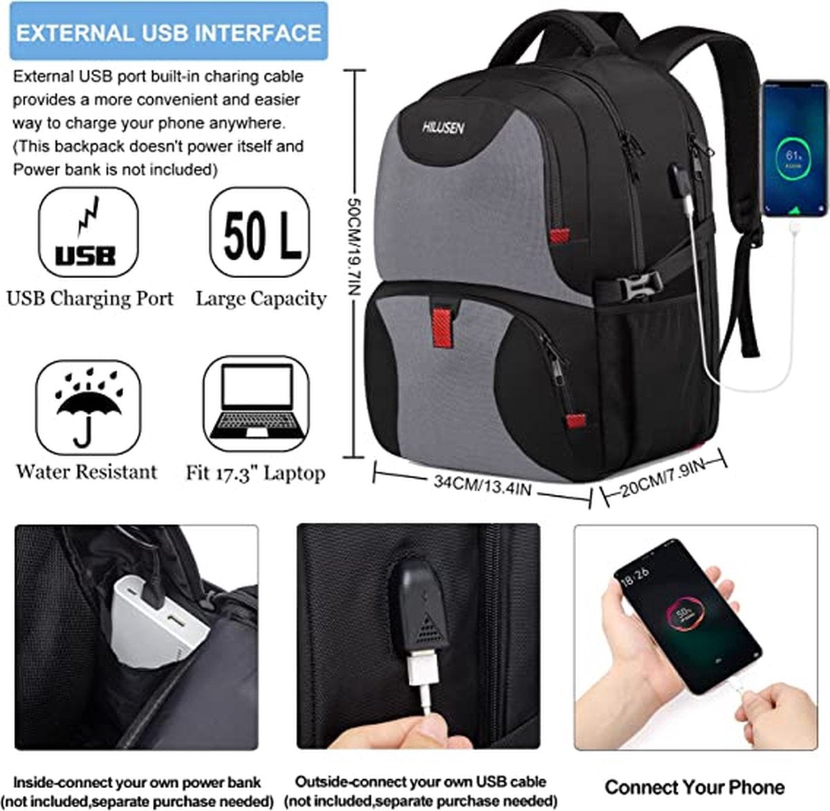 Large herenrugzak, 50 l, werkrugzak, laptoprugzak voor heren, 17,3 inch schoolrugzak met USB-oplaadpoort