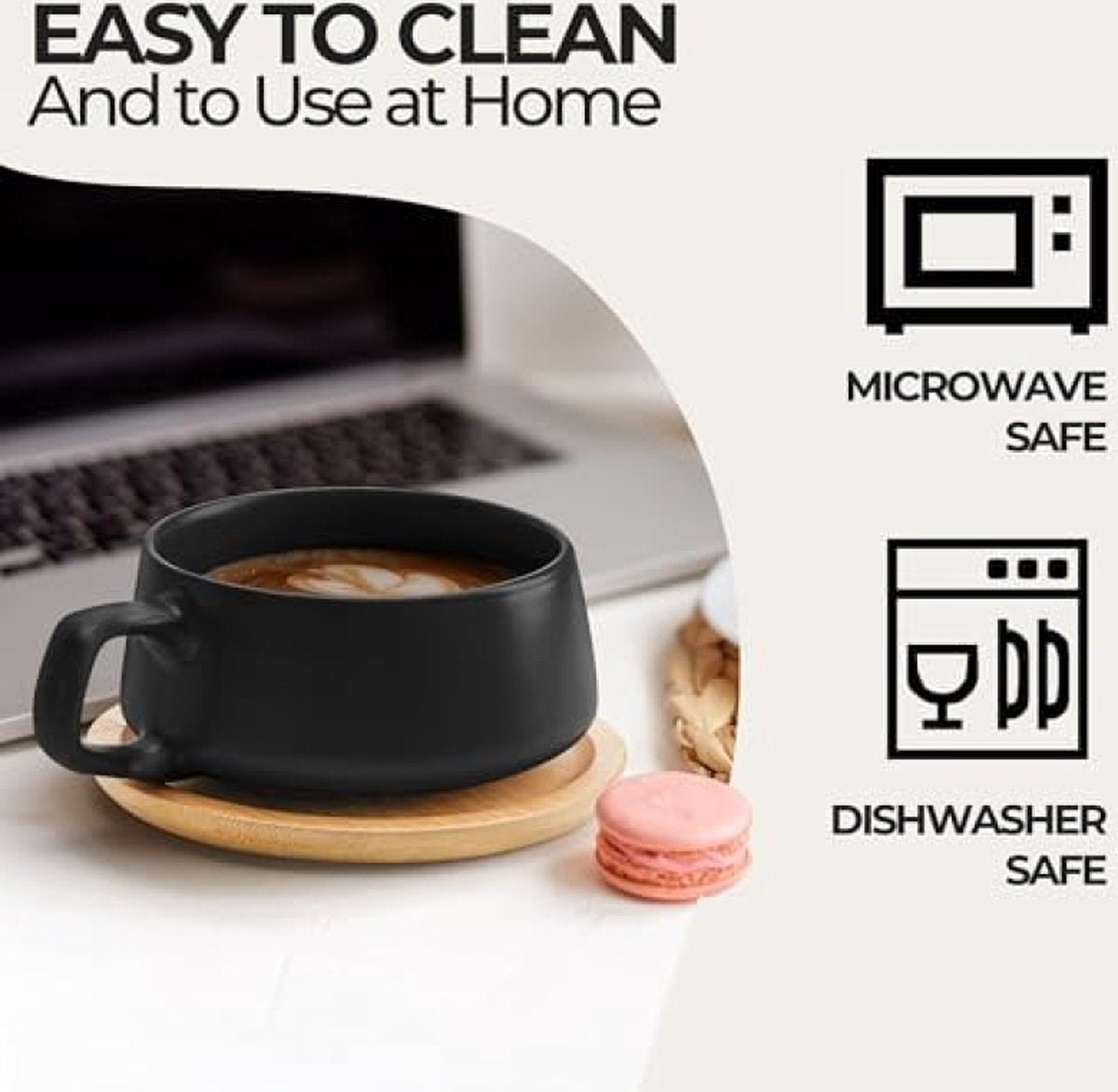 Set van 4 keramische theekopjes en schotels, 320 ml, bamboe/theemok, brede cappuccinokopjes, koffiekopjes, keramische mok voor cappuccino, latte, espresso en Americano - luxe collectie (zwart)