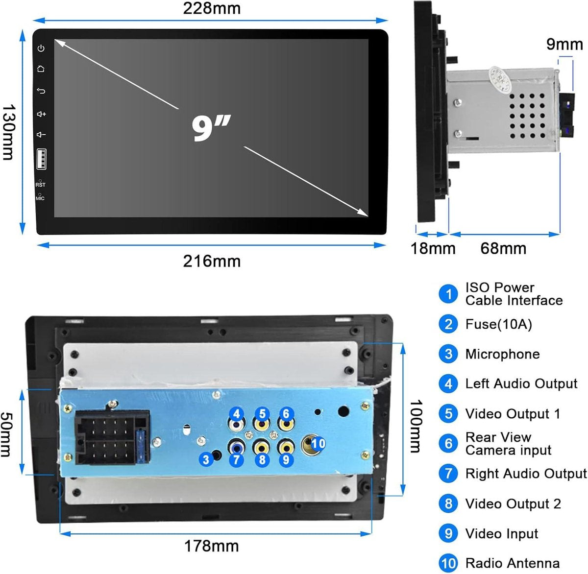 Autoradio 1 DIN 9 Inch Scherm - Compatibel met Apple Carplay en Android Auto - Bluetooth Handsfree - FM Radio - SWC Spiegellink - USB + Achteruitrijcamera Carplay scherm