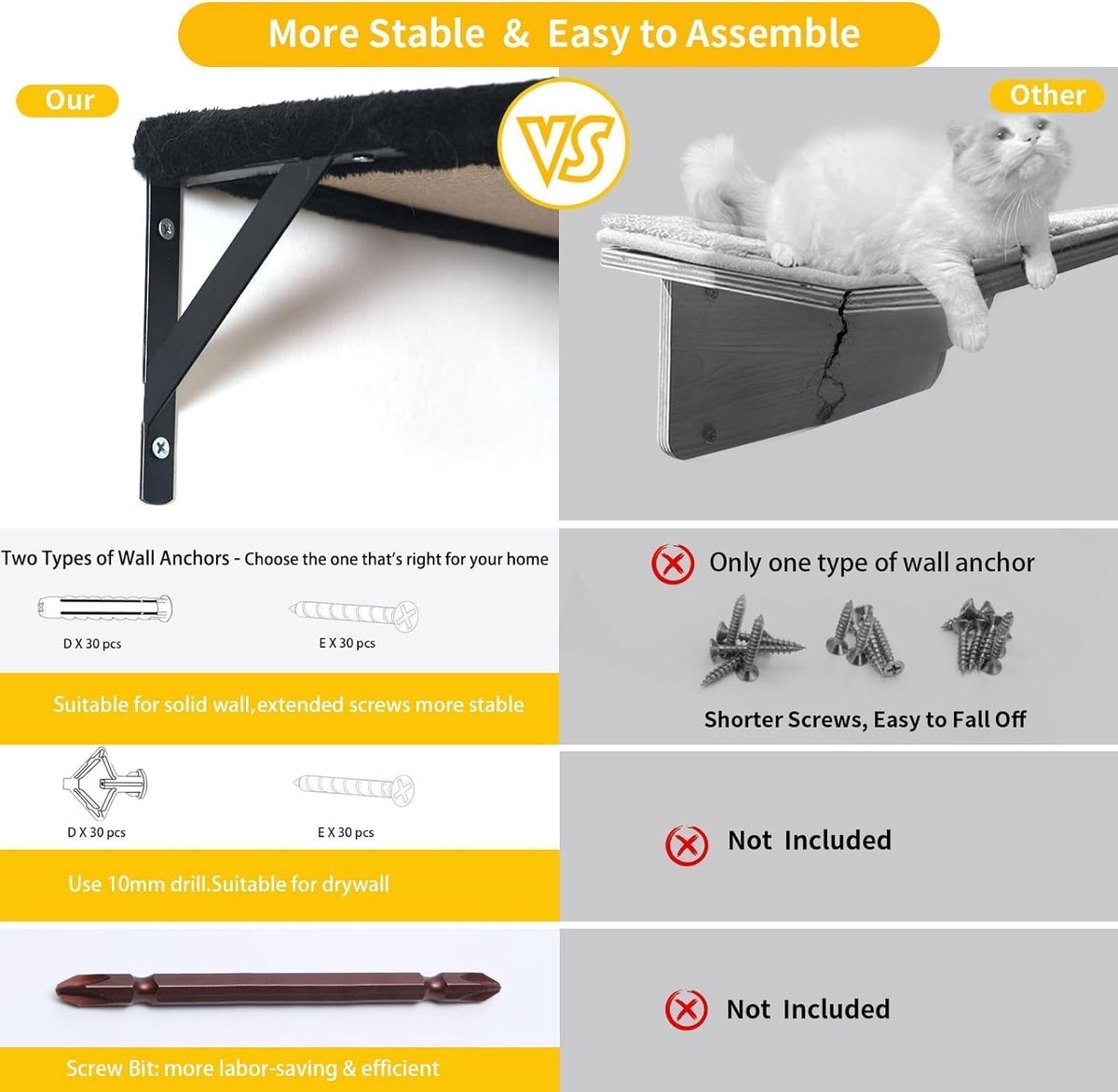 Kattenset - 6-delige kattenwandplanken, stabiele houten klimmer voor katten, wandpark met kattenhuis, kattenbrug, kattenboom, kattentrap en krabplank voor katten tot 10 kg