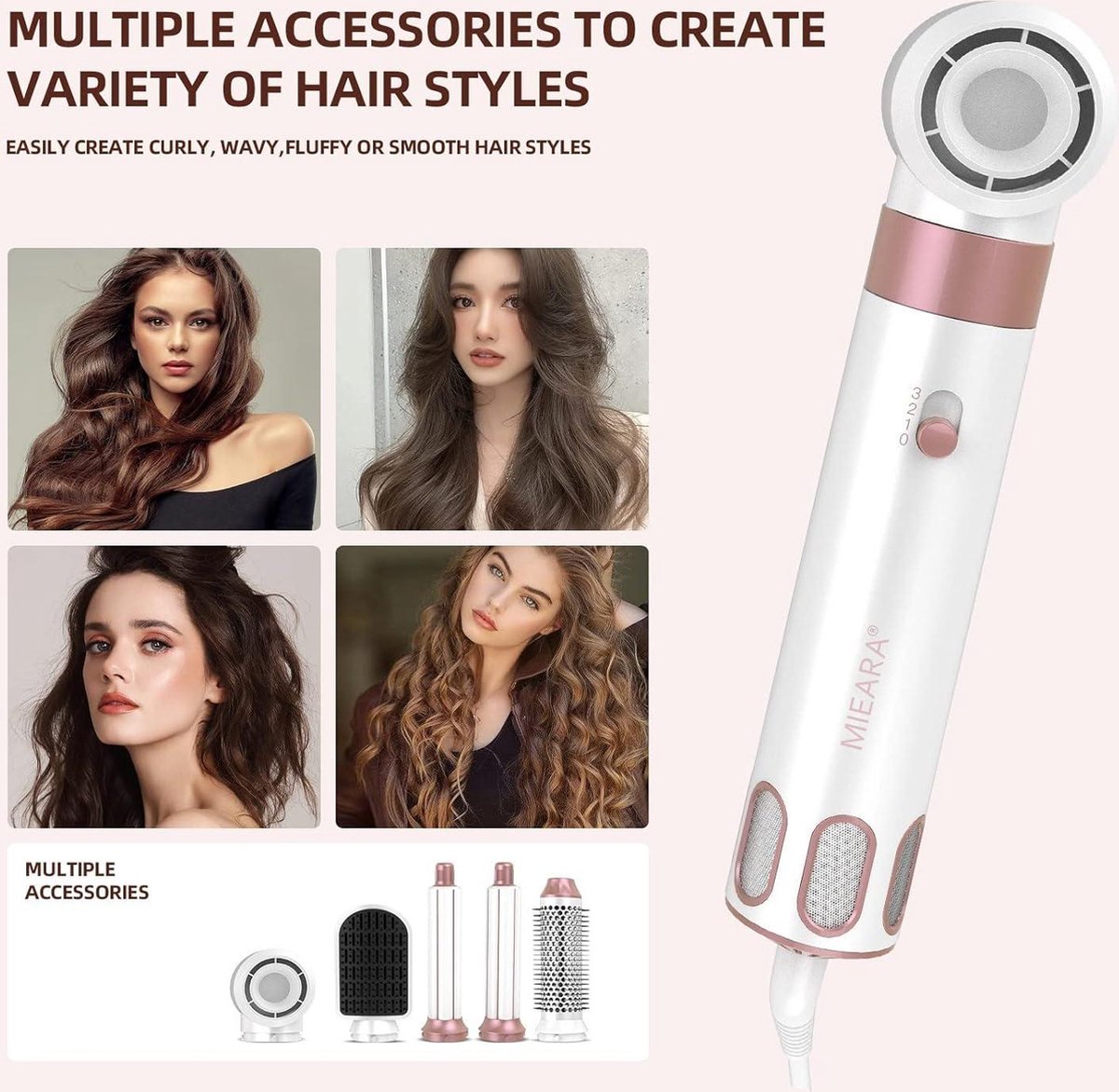 Föhnborstel voor volumiseren en drogen - 5-in-1 Heteluchtstyler negatieve ionische high-speed haarstyler met roterende functie