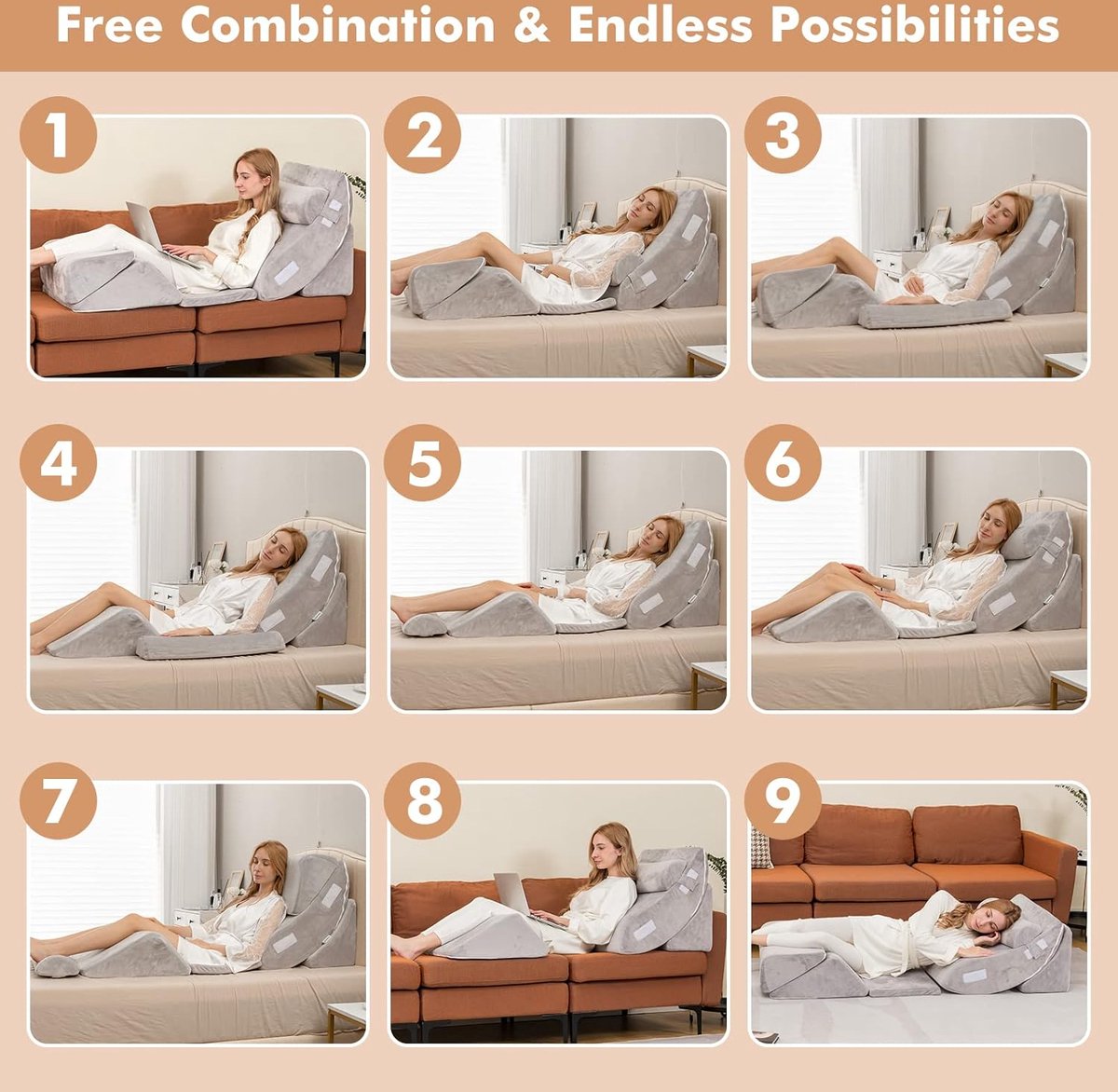 6-piece orthopedic pillow set, memory foam wedge pillow with detachable headrest, comfortable and adjustable reading pillow, bed wedge pillow, back support pillow for sleeping and reading