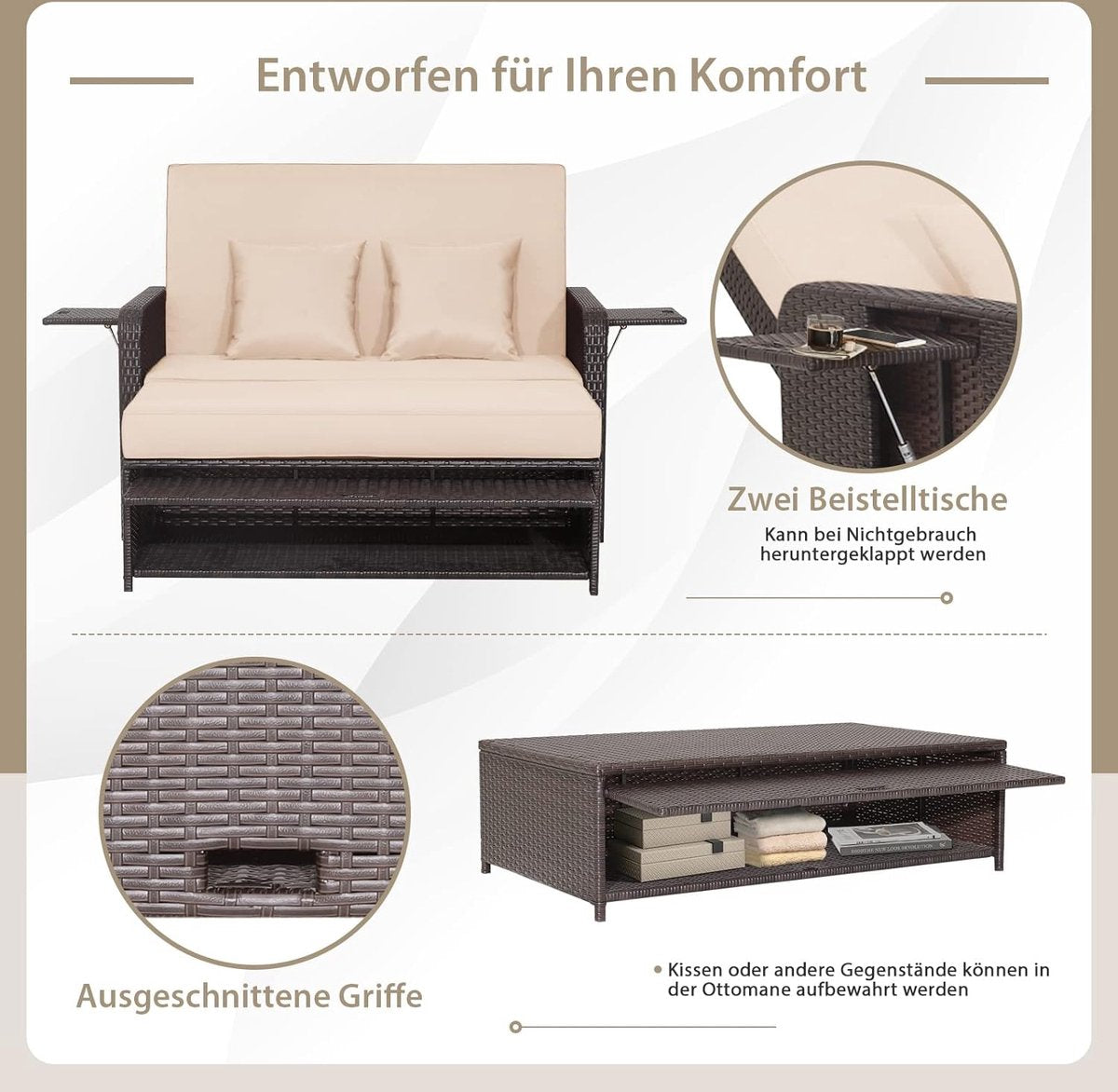 Rieten bankstel - 2-zits fauteuil met voetenbank en 2 bijzettafels, terrasbank, slaapfunctie, lounge tuinbank, verstelbaar voor buiten, balkon en tuin, 170 x 120 x 91 cm