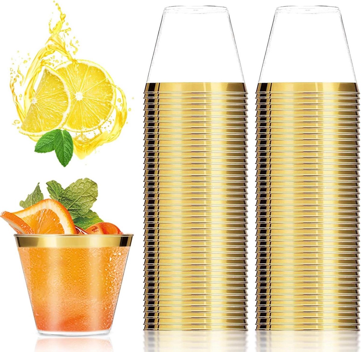 Reusable drinking cups with gold rim - 80 pieces - 270 ml - elegant party glasses - for home decoration party wedding - birthday picnic shot glasses plastic disposable
