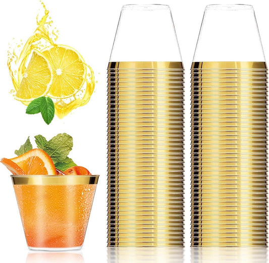 Reusable drinking cups with gold rim - 80 pieces - 270 ml - elegant party glasses - for home decoration party wedding - birthday picnic shot glasses plastic disposable