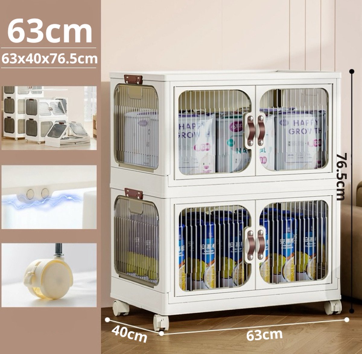 Opbergkast - Opvouwbaar - Opbergkasten met deuren - Met wielen - Opbergdozen - Opbergbox - Breedte 63cm - 2 lagen - Opbergen - Organizer - Opruimen - Keuken - Badkamer - Woonkamer - Slaapkamer